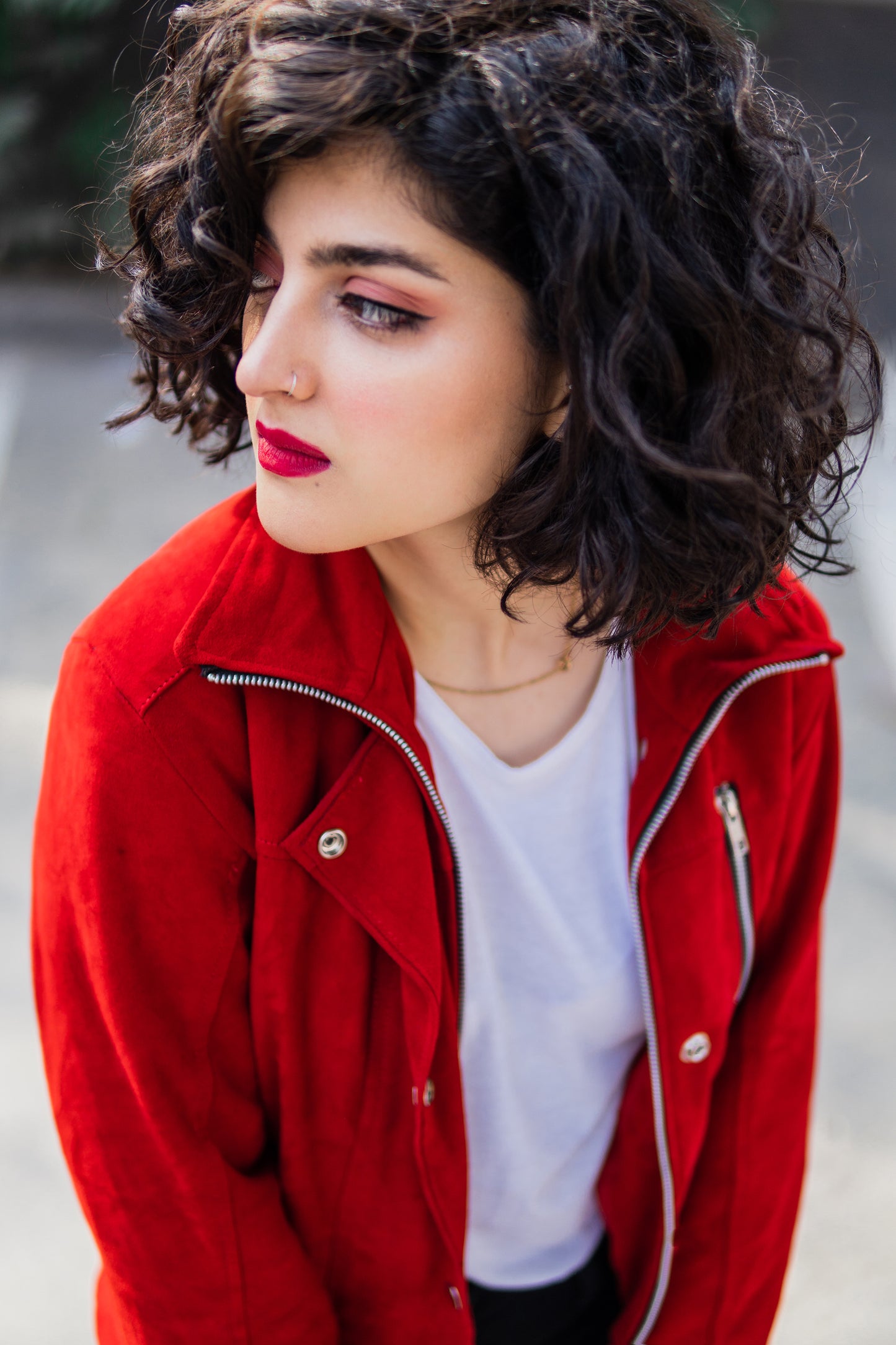 Red Suede Bomber Jacket w/ Funnel Neck - Ila