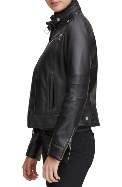 Black Stand Collar Leather Moto Jacket - Ginevra