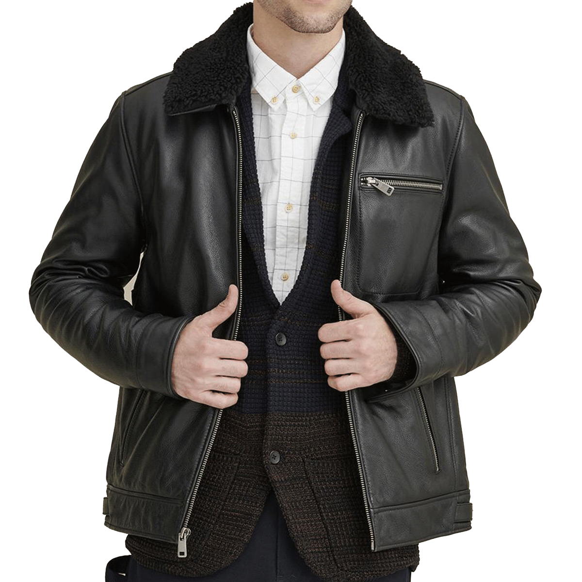 Black leather shop jacket shearling collar