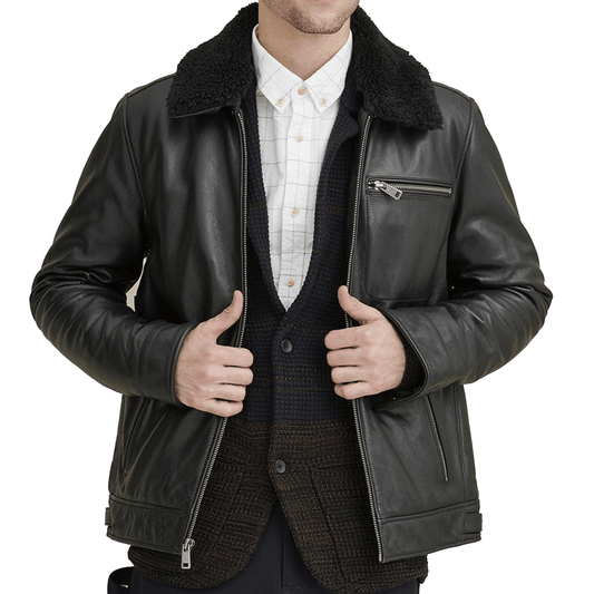 Black Aviator Leather Jacket w/ Faux Shearling Collar - Jules