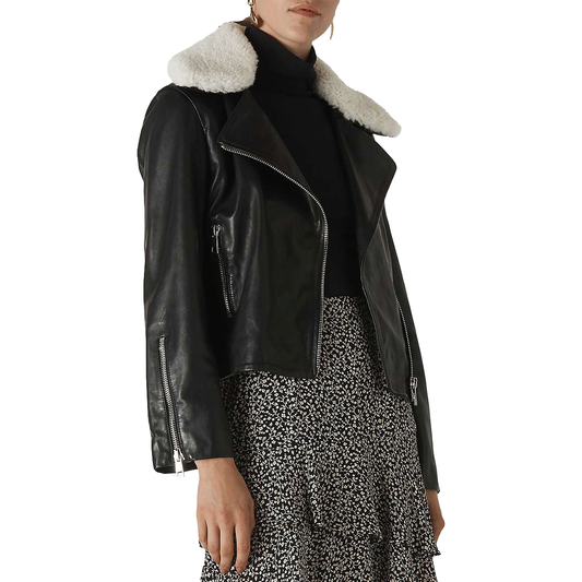 Black Designer Leather Jacket w/ Faux Shearling Collar - Elsa