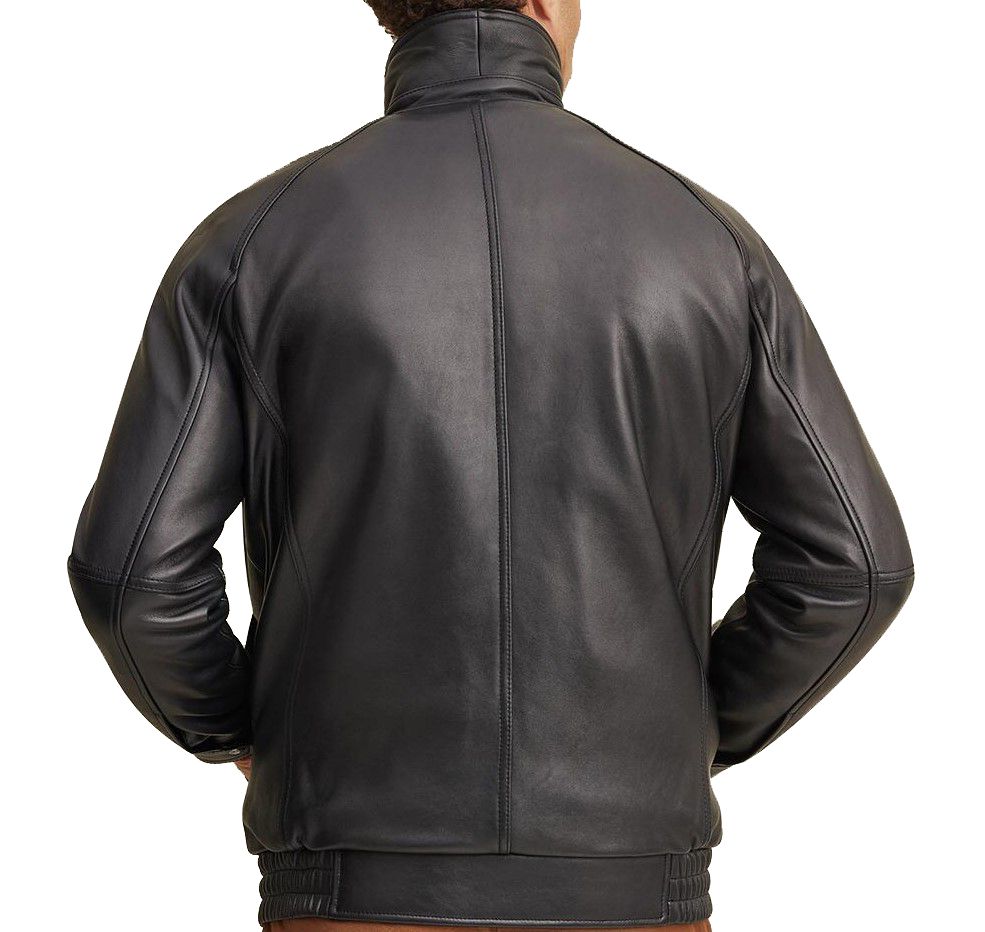 Black Waist Length Leather Bomber Jacket - Jean