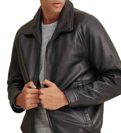 Black Waist Length Leather Bomber Jacket - Jean