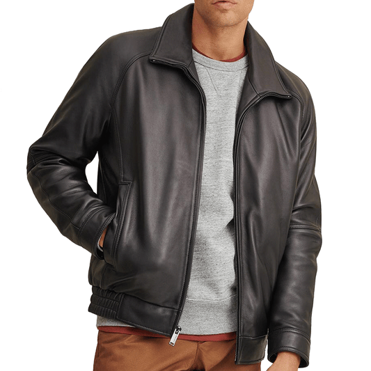 Black Waist Length Leather Bomber Jacket - Jean