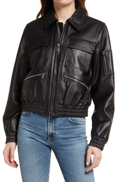 Black Leather Bomber w/ Spread Collar - Aria