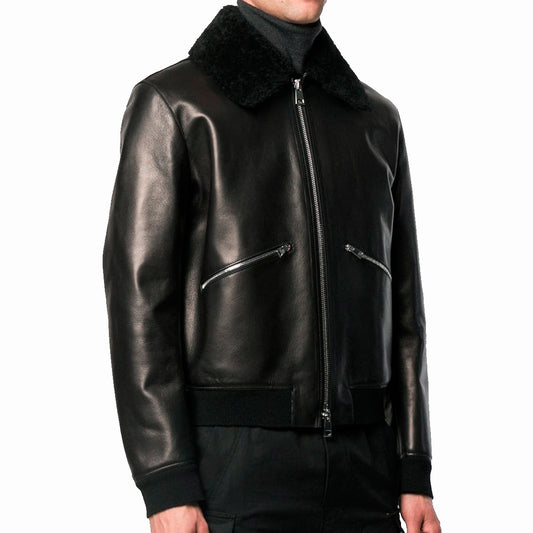 Men's Designer Leather Jacket w/ Shearling Collar - Monte