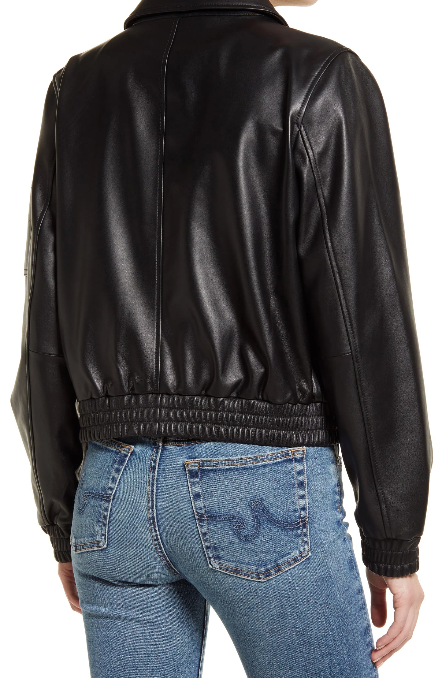 Black Leather Bomber w/ Spread Collar - Aria