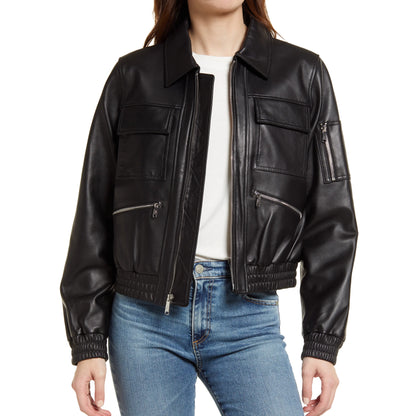 Black Leather Bomber w/ Spread Collar - Aria