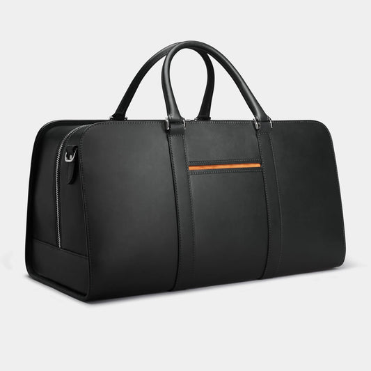 Black Designer Leather Luggage Bag w/ Orange Lining - Anaé