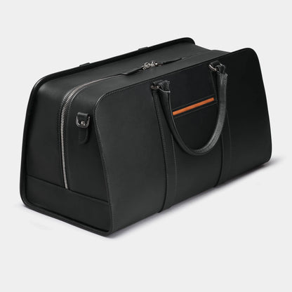 Black Designer Leather Luggage Bag w/ Orange Lining - Anaé