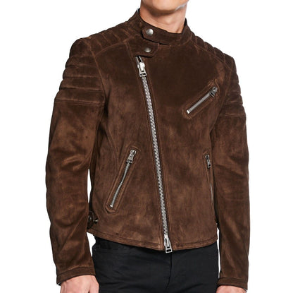 Luxurious Suede Biker Jacket for Men w/ Snap-tab Collar - Dario