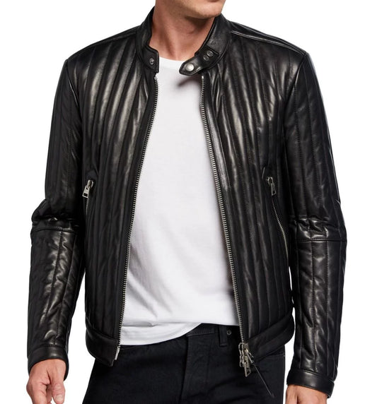 Men's Vertical Channel Leather Biker Jacket - Natanaele
