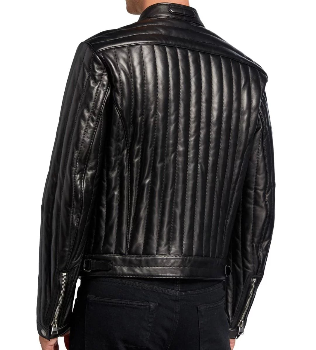 Men's Vertical Channel Leather Biker Jacket - Natanaele