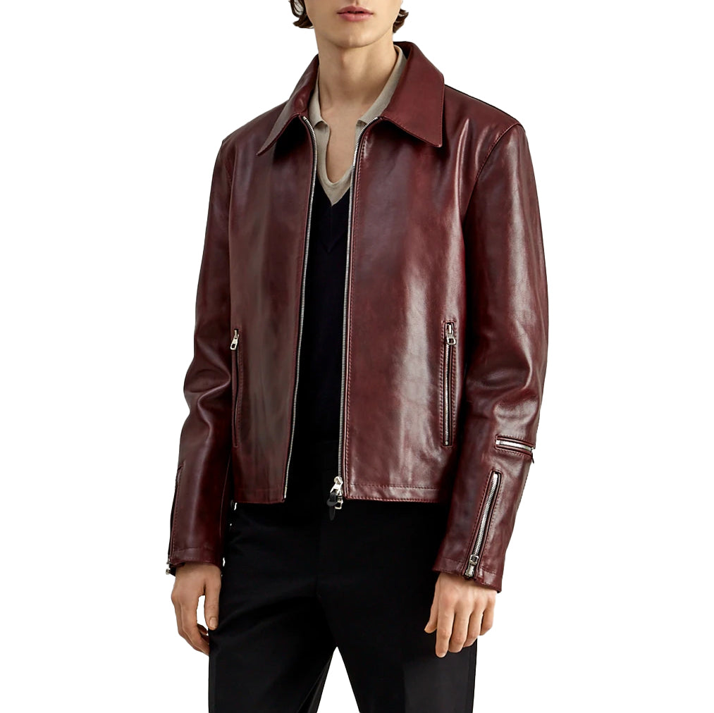 Burgundy Calfskin Biker Jacket for Men - Hugo