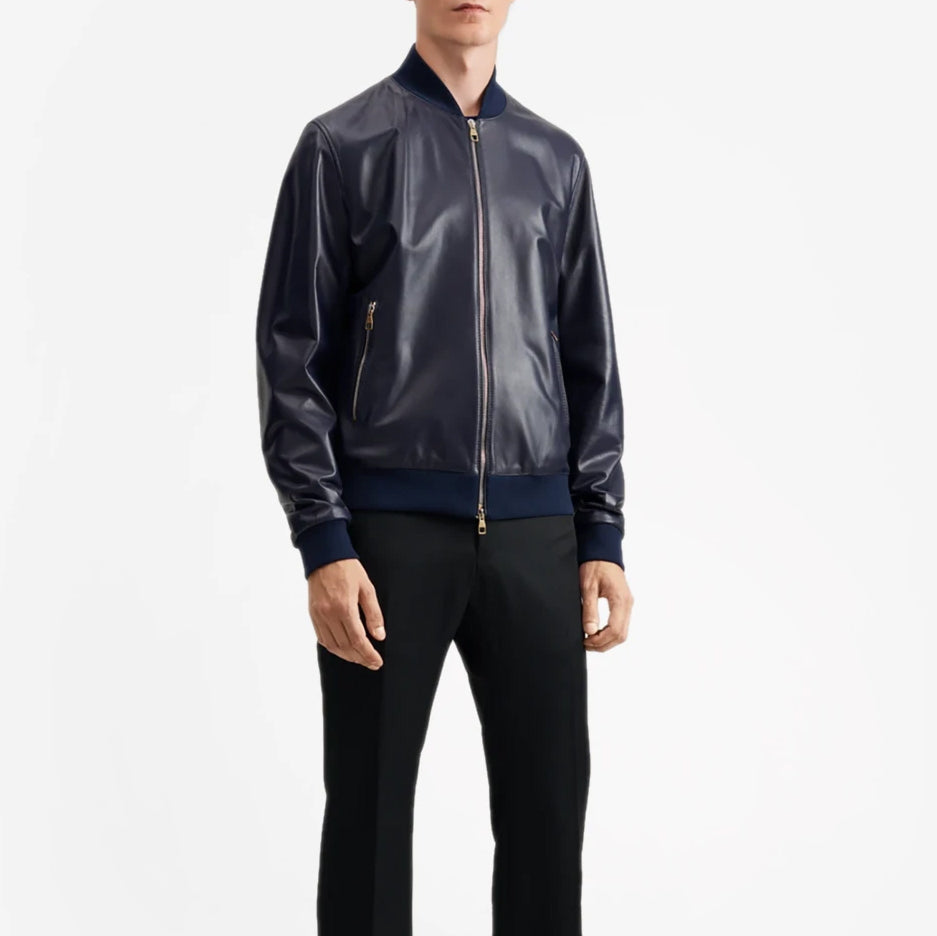 Blue Bomber Leather Jacket for Men - Mika