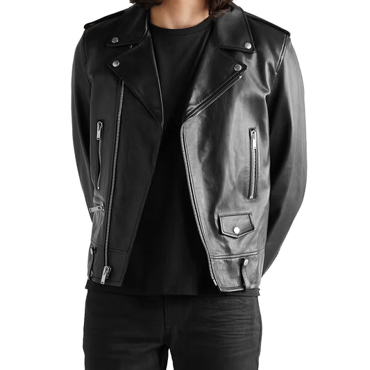 Black Biker Leather Jacket w/ Notch Collar - Gensa
